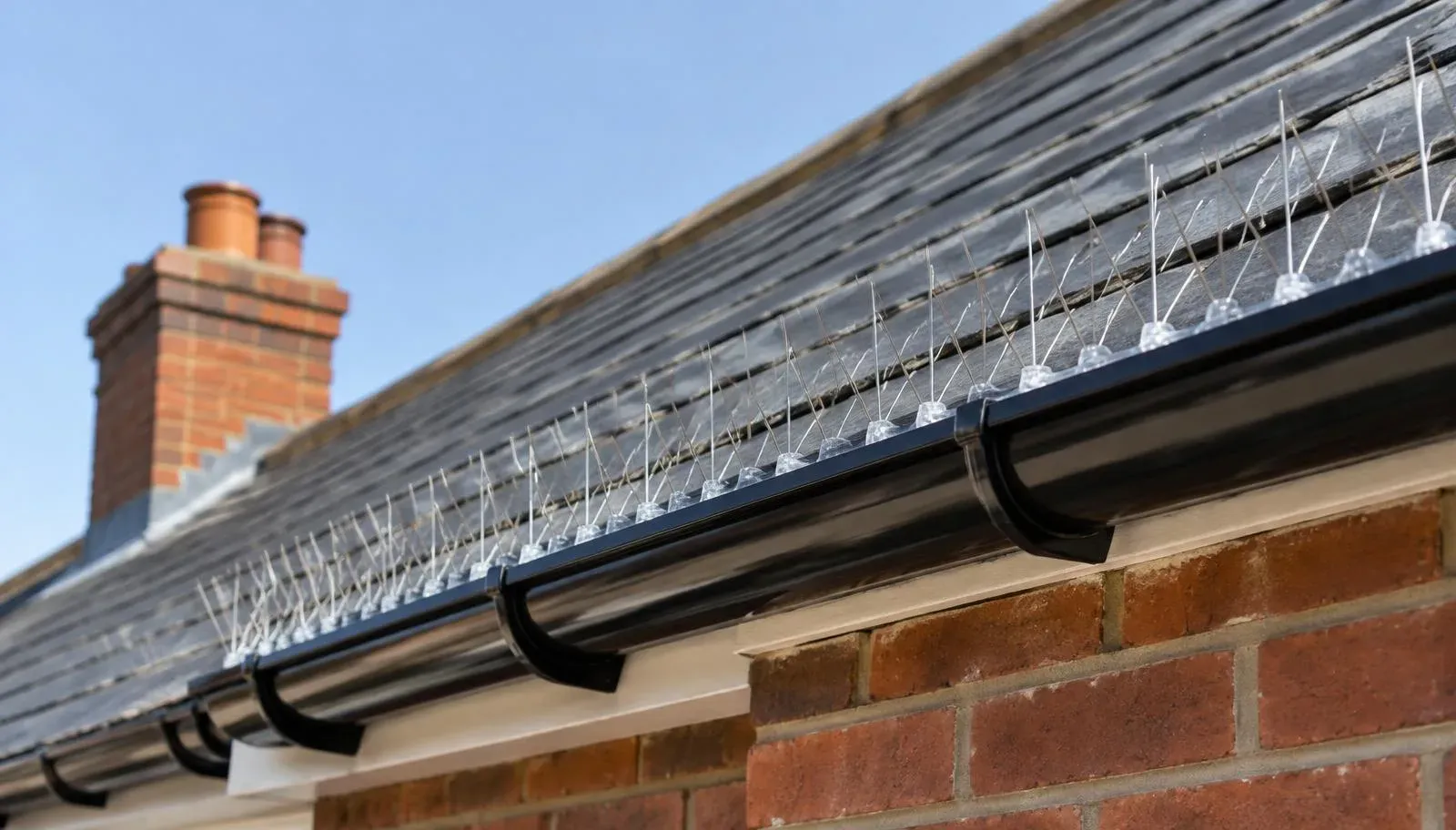 Stainless steel bird spikes installed along a roof edge above a clean gutter to prevent pigeons nesting