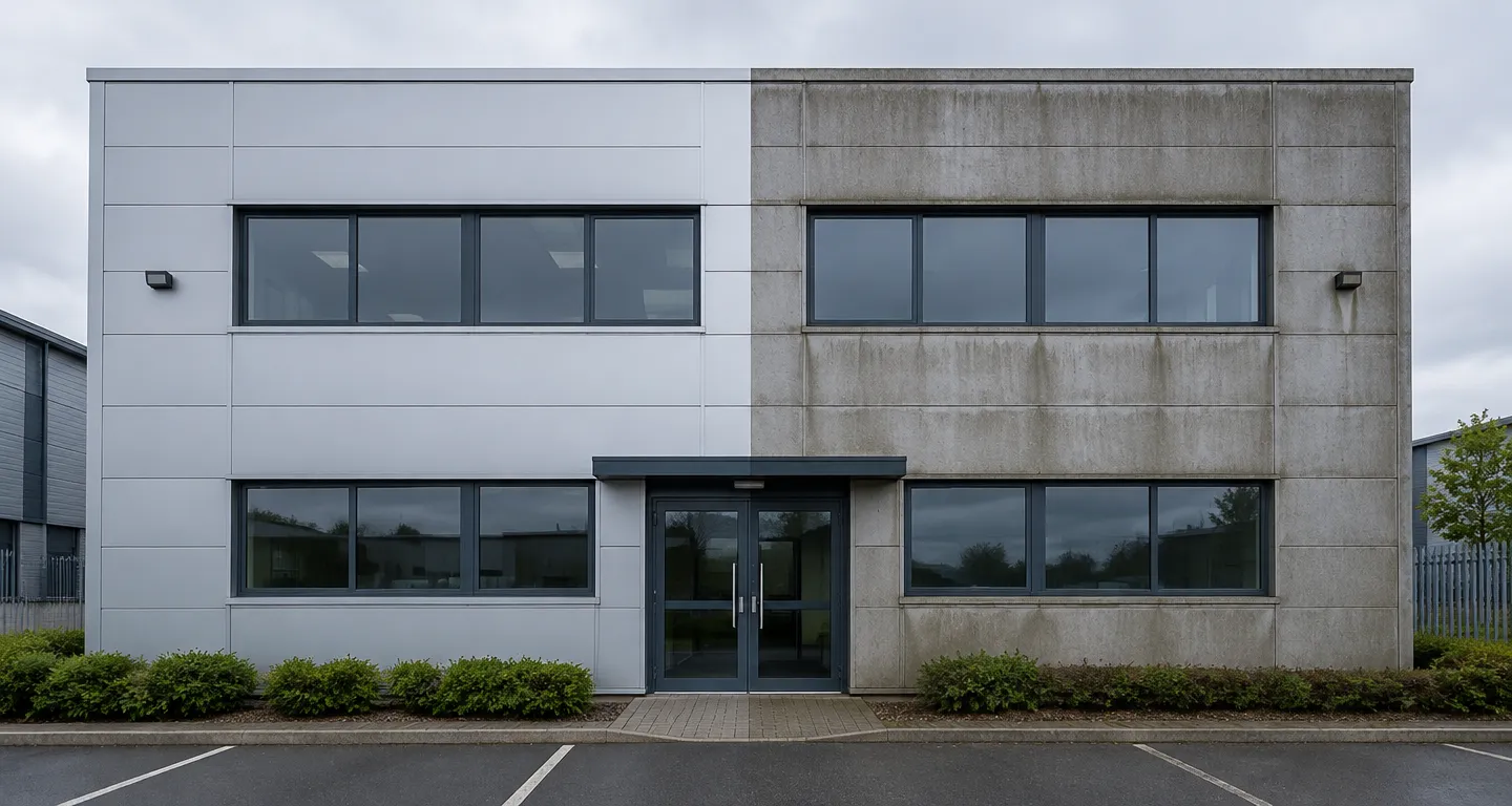 Commercial cladding cleaning in progress on a metal-clad building elevation