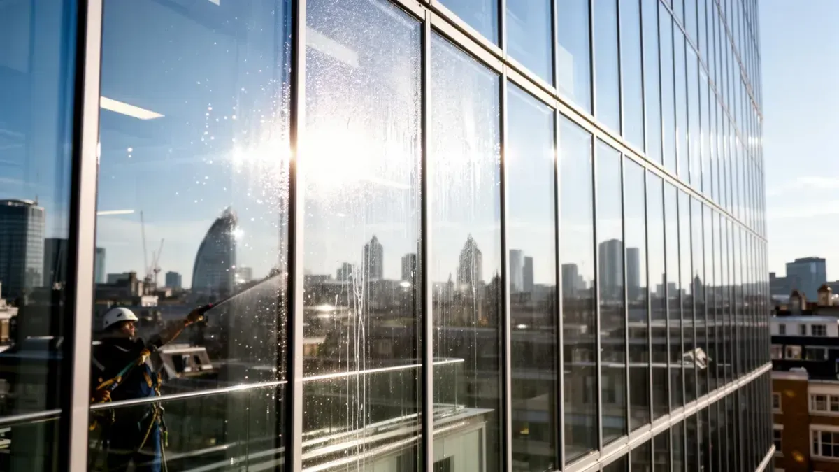 High rise window cleaning on a commercial building using rope access from roof level